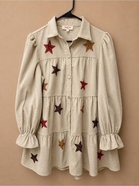 Peach Love California Cream Corduroy Tiered Dress with Glitter Star Appliqués